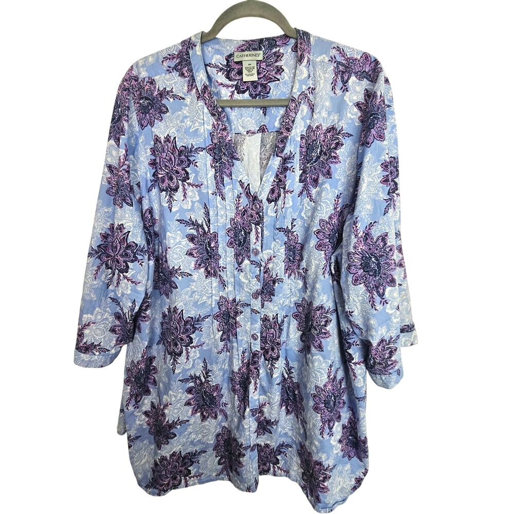 Catherines Womens Floral Button Up Top Plus Size 3X Pintuck Comfort Romantic